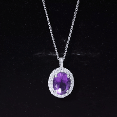 Certified 8X10MM Amethyst Oval Necklace with Moissanite Halo