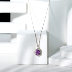 Certified 8X10MM Amethyst Oval Necklace with Moissanite Halo