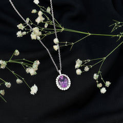 Certified 8X10MM Amethyst Oval Necklace with Moissanite Halo