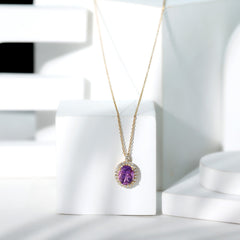 Certified 8X10MM Amethyst Oval Necklace with Moissanite Halo