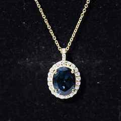 Genuine 2.5 Carat Oval Cut London Blue Topaz and Diamond Necklace