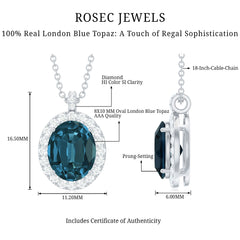 Genuine 2.5 Carat Oval Cut London Blue Topaz and Diamond Necklace