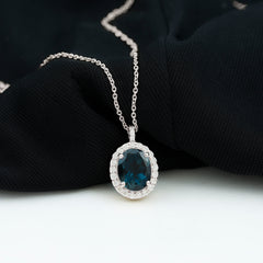Genuine 2.5 Carat Oval Cut London Blue Topaz and Diamond Necklace