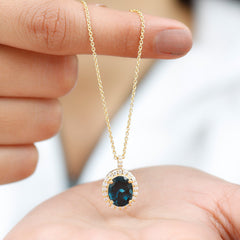 Genuine 2.5 Carat Oval Cut London Blue Topaz and Diamond Necklace