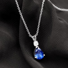 Lab Created Blue Sapphire Teardrop Necklace with Moissanite