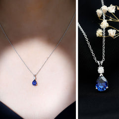 Lab Created Blue Sapphire Teardrop Necklace with Moissanite