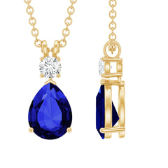 Lab Created Blue Sapphire Teardrop Necklace with Moissanite