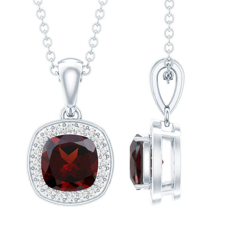 Natural 3 Carat Garnet Halo Necklace with Silver Chain