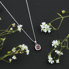 Cushion Cut Garnet and Moissanite Halo Pendant Necklace With Chain