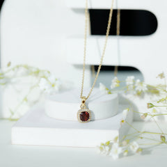 Cushion Cut Garnet and Moissanite Halo Pendant Necklace With Chain