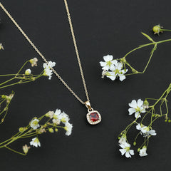 Cushion Cut Garnet and Moissanite Halo Pendant Necklace With Chain