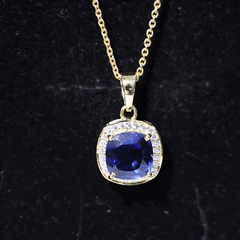 Cushion Cut Lab Created Blue Sapphire Halo Pendant With Moissanite
