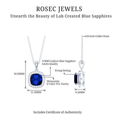 Cushion Cut Lab Created Blue Sapphire Halo Pendant With Moissanite