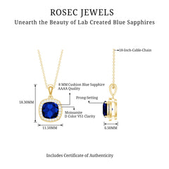 Cushion Cut Lab Created Blue Sapphire Halo Pendant With Moissanite