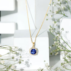 Cushion Cut Lab Created Blue Sapphire Halo Pendant With Moissanite