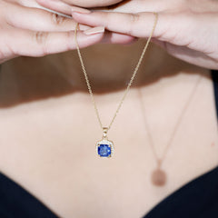 Cushion Cut Lab Created Blue Sapphire Halo Pendant With Moissanite