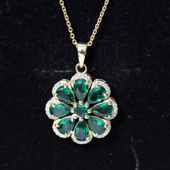Womens Lab Grown Emerald Flower Necklace with Chain