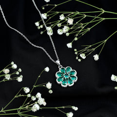 Womens Lab Grown Emerald Flower Necklace with Chain