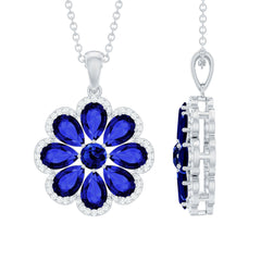 Lab Created Blue Sapphire Flower Necklace with Moissanite Halo