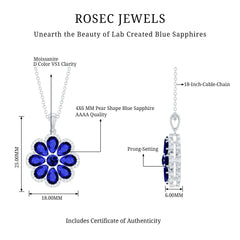 Lab Created Blue Sapphire Flower Necklace with Moissanite Halo