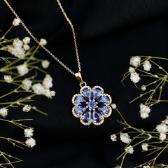 Lab Created Blue Sapphire Flower Necklace with Moissanite Halo