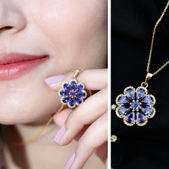 Lab Created Blue Sapphire Flower Necklace with Moissanite Halo