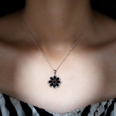 Certified Black Spinel Flower Necklace with Moissanite Halo