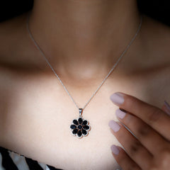 Certified Black Spinel Flower Necklace with Moissanite Halo