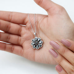 Certified Black Spinel Flower Necklace with Moissanite Halo