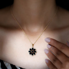 Certified Black Spinel Flower Necklace with Moissanite Halo