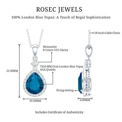 Certified London Blue Topaz Teardrop Necklace with Moissanite Halo