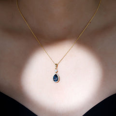 Certified London Blue Topaz Teardrop Necklace with Moissanite Halo