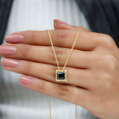 Natural 2.2 Carat Black Spinel Princess Cut Necklace in Gold Plated Silver