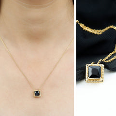Natural 2.2 Carat Black Spinel Princess Cut Necklace in Gold Plated Silver