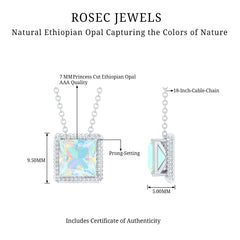 7 MM Princess Cut Ethiopian Opal Solitaire Necklace with Rope Frame