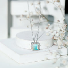 7 MM Princess Cut Ethiopian Opal Solitaire Necklace with Rope Frame