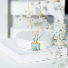 7 MM Princess Cut Ethiopian Opal Solitaire Necklace with Rope Frame