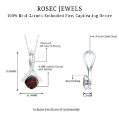 3 Carat Cushion Cut Garnet Solitaire Pendant with Diamond Twisted Bail