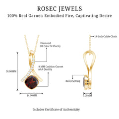 3 Carat Cushion Cut Garnet Solitaire Pendant with Diamond Twisted Bail