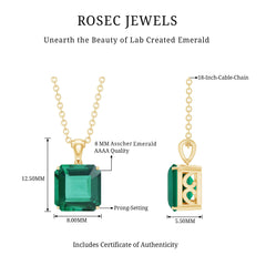 Certified 6 Carat Asscher Cut Lab Created Emerald Solitaire Pendant with Silver Chain