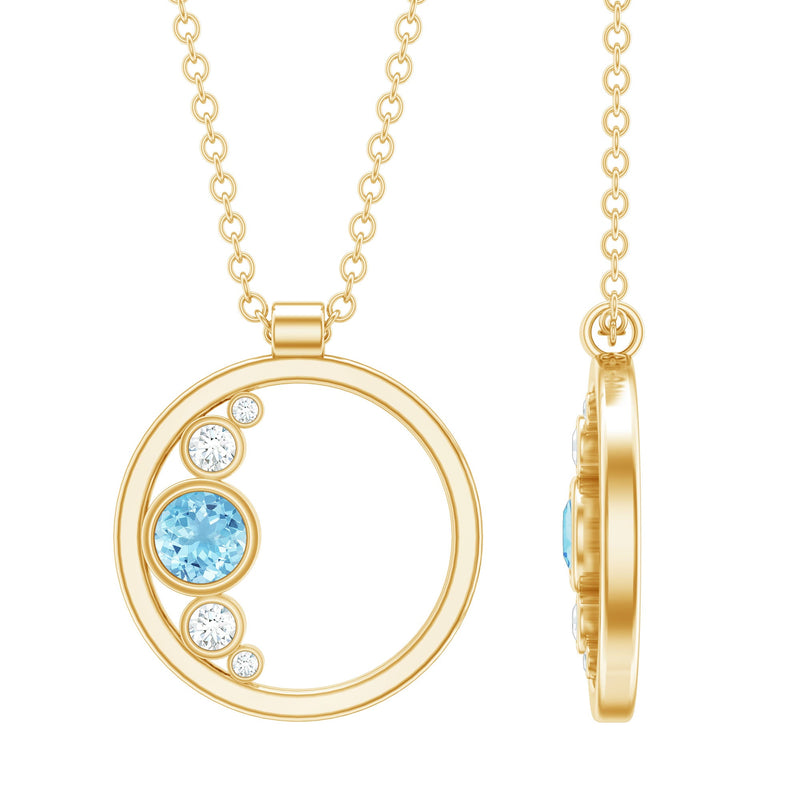 Natural Aquamarine Open Circle Pendant Necklace with Diamond