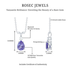 Real Tanzanite Teardrop Pendant Necklace with Diamond