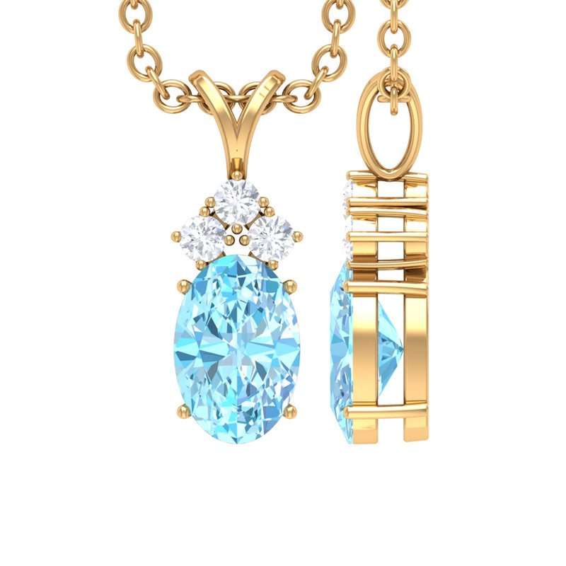 Real 1 Carat Oval Cut Aquamarine Pendant Necklace with Diamond Trio