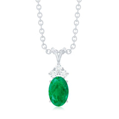 Natural Oval Emerald Pendant Necklace with Diamond Trio