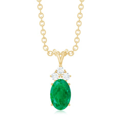 Natural Oval Emerald Pendant Necklace with Diamond Trio