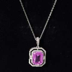2.7 Carat Lab Created Pink Sapphire Emerald Cut Pendant with Moissanite