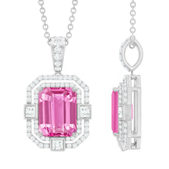 2.7 Carat Lab Created Pink Sapphire Emerald Cut Pendant with Moissanite