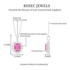 2.7 Carat Lab Created Pink Sapphire Emerald Cut Pendant with Moissanite