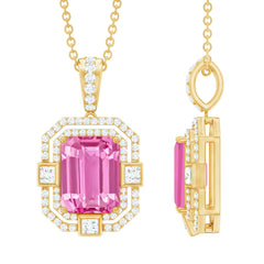 2.7 Carat Lab Created Pink Sapphire Emerald Cut Pendant with Moissanite