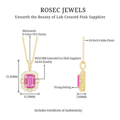 2.7 Carat Lab Created Pink Sapphire Emerald Cut Pendant with Moissanite